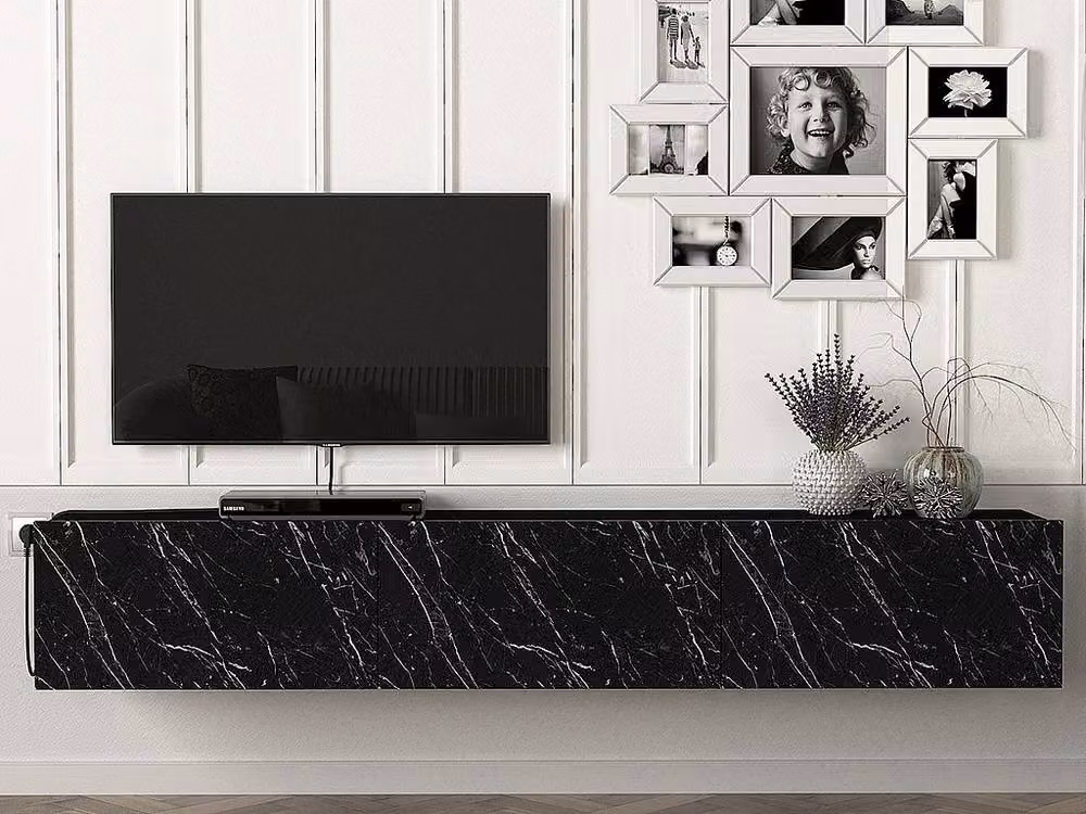 Vente-unique VIKILA Wall-Mounted TV Unit with 3 Hinged Doors in Black Marble Effect Glossy Finish – 3