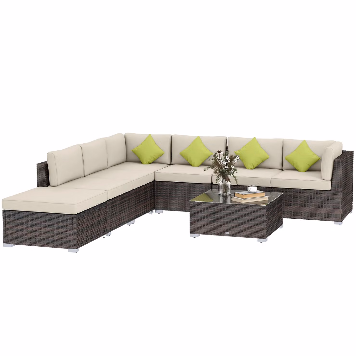 Outsunny 8pc L-Shape Rattan Corner Sofa Set with Upholstered Cushions, Matching Ottoman and Glass Top Coffee Table in Brown and Grey – 9