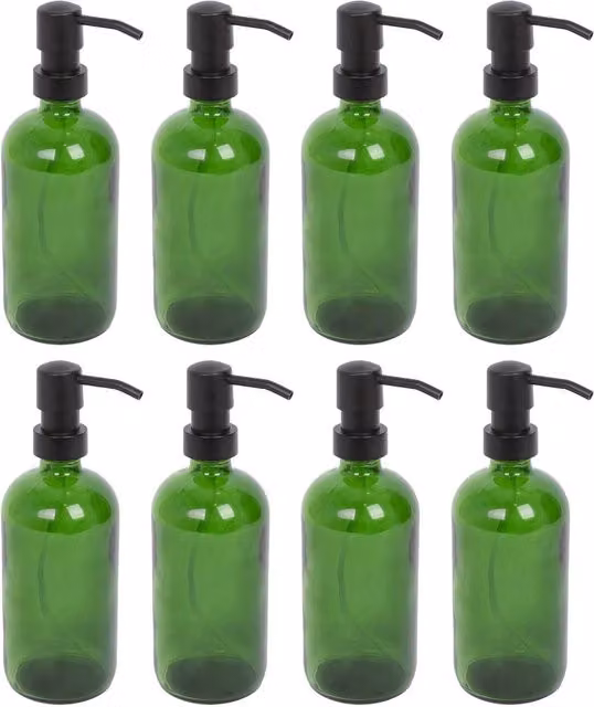 Harbour Housewares Pack of 8 Green Glass Refillable Soap Dispensers with Black Pumps, 500ml – 6