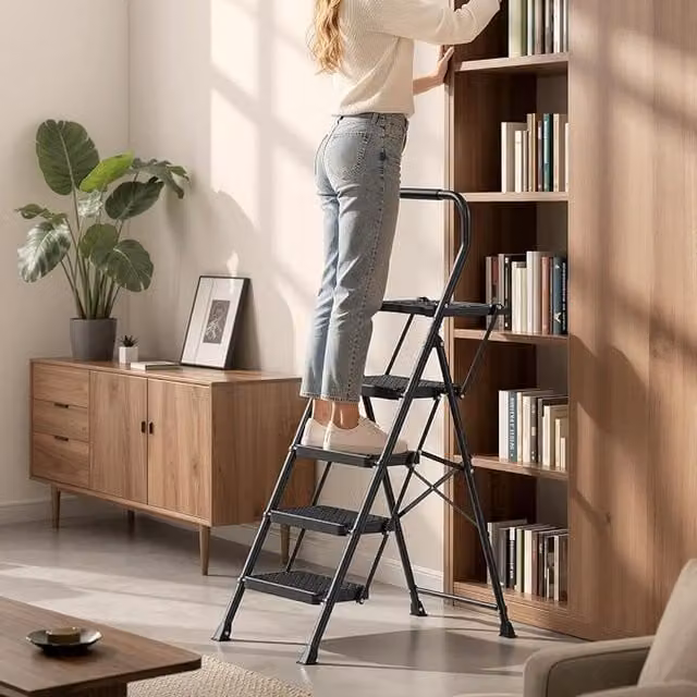 SONGMICS 3-Step Foldable Steel Step Ladder with Rubber Feet, Black