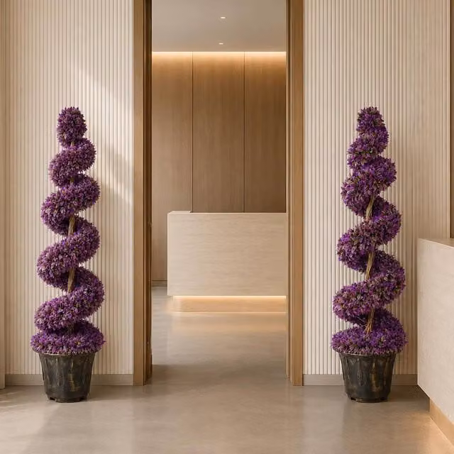 Botanik Leaf Pair of Purple Spiral Artificial Topiary Trees with Planters, Height: 120 cm