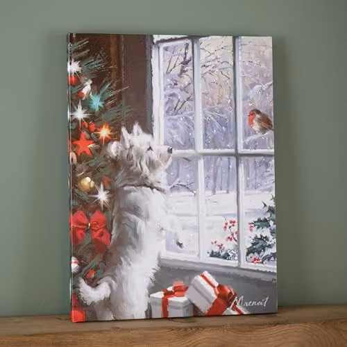 Samuel ALEXANDER Battery Operated Light Up Fibre Optic Christmas Dog and Robin Multicolour Canvas Wall Art W: 40 cm, H: 30 cm