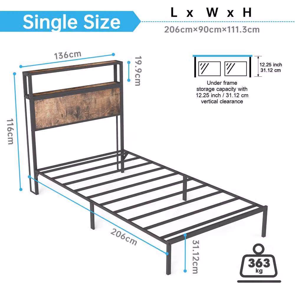 STILVORA Single Metal Bed Frame with LED and Storage Headboard in Black, W/D/H: 90 x 190 x 111.3 cm – 3