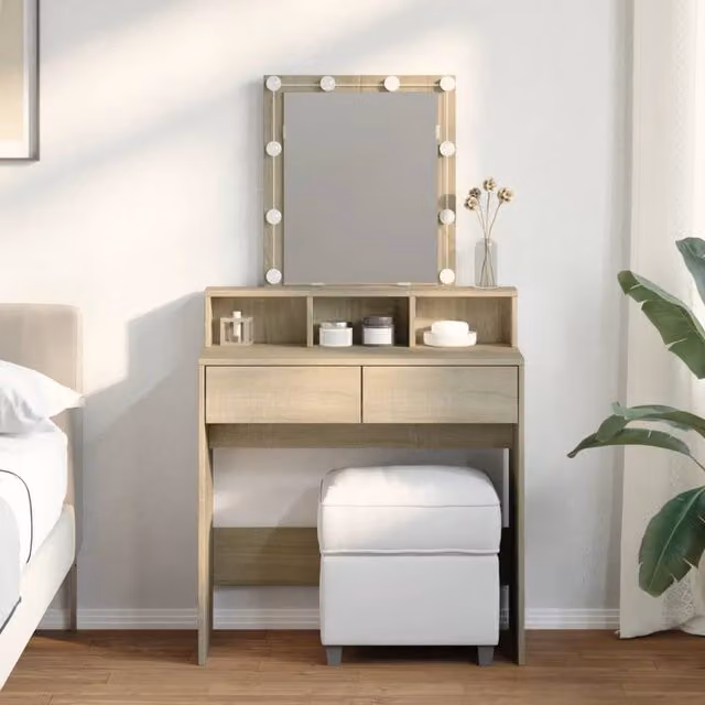 Berkfield Home Modern LED Dressing Table in Sonoma Oak Brown, W: 80 cm, D: 41 cm, H: 144.5 cm – 1