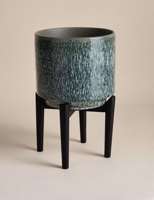 M&S Large Round Abstract Modern Ceramic Tabletop Planter in Blue