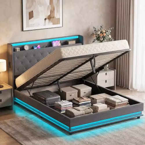 HOMCOM King Ottoman Bed Frame with Lift Up Storage, RGB LED Lighting and USB Charging Port, Grey, W: 150 cm, D: 200 cm