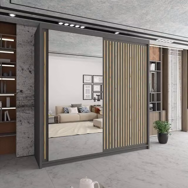 Sliding Wardrobes 4U Sleek Grey Mirror Sliding Wardrobe with LED Lighting W: 150 cm, H: 217 cm