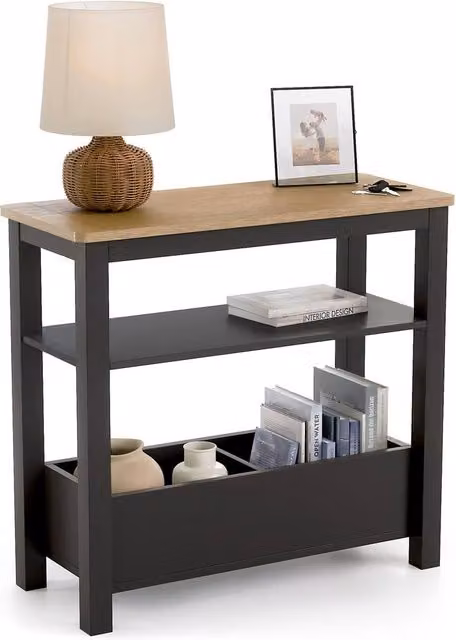Christow Slim Console Table with Oak Effect Top Shelf in Charcoal, W/D/H: 60 x 28 x 65 cm