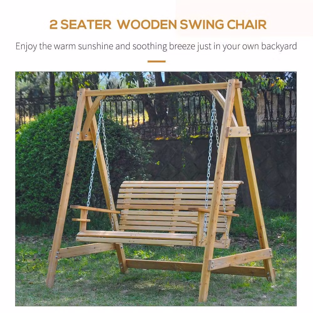 Outsunny 2-Seater Larch Wood Garden Swing Chair Bench in Natural Brown – 5