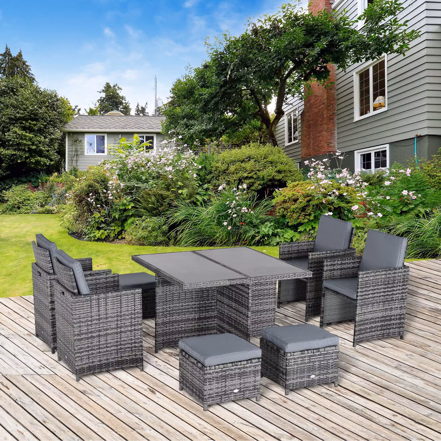 Outsunny 9-Piece Grey Rattan Garden Dining Set with Table, 8 Chairs and Footrest – 2