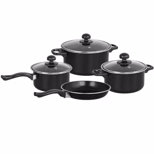 Gr8 Home 7 Piece Non Stick Carbon Steel Cookware Set with Glass Lids, Black