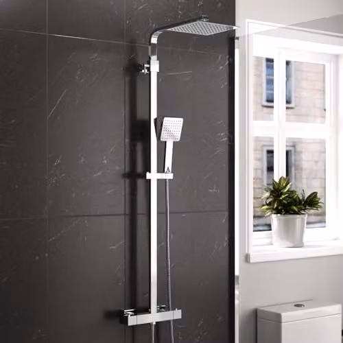 Nes Home Modern Exposed Thermostatic Mixer Shower Set with Overhead and Handheld Shower Head, Chrome