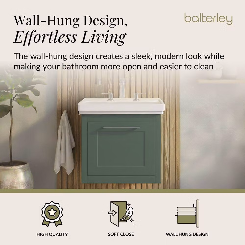 Balterley Wall Hung 1 Drawer Vanity Unit and 3TH Fireclay Basin, Green, Width: 50 cm – 2