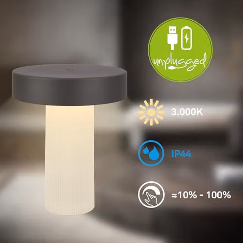 Briloner Rechargeable LED Table Lamp with Touch Dimmer, IP44, Warm White, H 20 cm x W 16 cm x D 16 cm – 2
