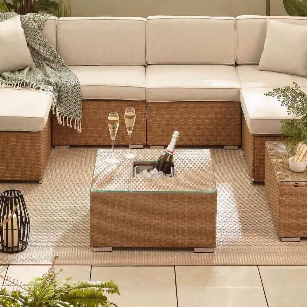 FurnitureboxUK Orlando Rattan Garden Coffee Table with Central Ice Bucket in Beige – 2
