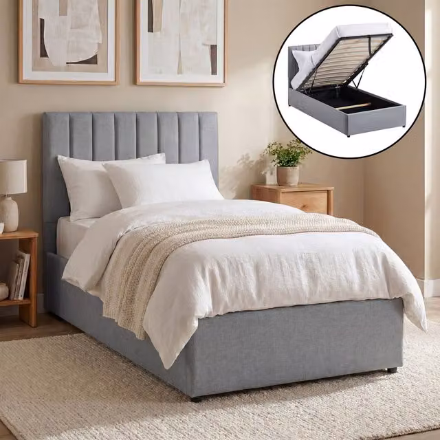 Vida Designs Vellaro Ottoman Fabric Bed with Mattress, Grey, W/D/H: 90 x 190 x 211 cm