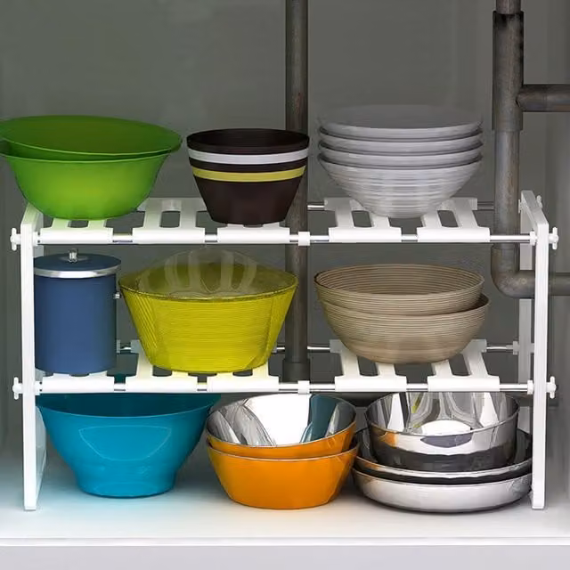 Living and Home 2-Tier Adjustable Under Sink Storage Rack, White, W: 50-70 cm