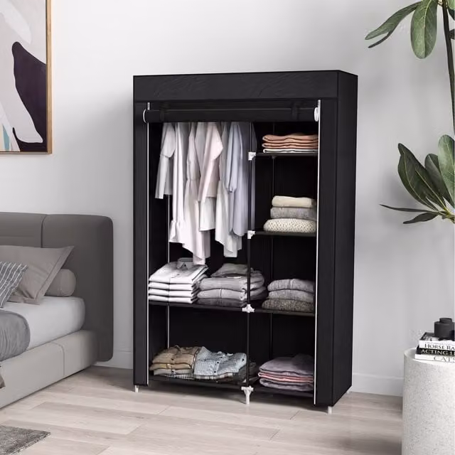 HOMCOM Modern Portable Wardrobe with Roll Shutter Doors, 6 Shelves and Hanging Rail, Black