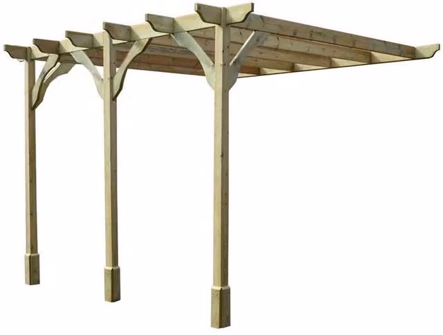 Rutland County Garden Furniture Ltd Wall Mounted Premium Lean-to Pergola with 3 Posts, W: 660 cm, D: 300 cm, H: 270 cm, Brown and Green