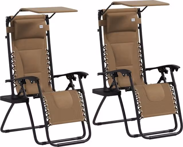 Outsunny Set of 2 Zero Gravity Lounger Chairs in Brown with Sun Canopy, Cup Holders and Adjustable Headrest – 1