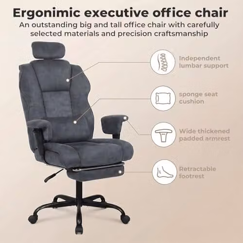 Levede Ergonomic Grey Fabric Office and Gaming Chair with Headrest and Armrests – 3