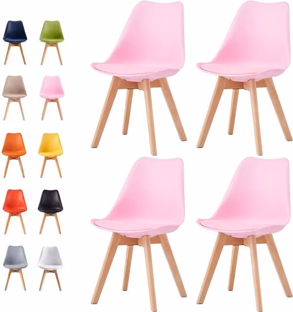 MCC Direct Eva Set of 4 Pink Dining Chairs with Padded Fabric Seats and Wooden Legs
