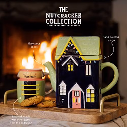 KitchenCraft The Nutcracker Collection Ceramic Teapot House in Blue, Multicolour and Green, 1.2 l – 2