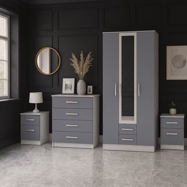 Birlea Lynx 4 Piece Wooden Bedroom Furniture Set in White, Grey and Silver