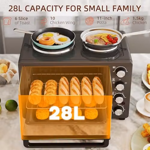 HOMCOM 28L Toaster Oven with Double Hotplate and Grill, 1600W, Black – 4