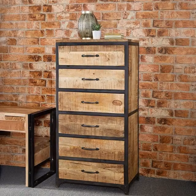 IH Design Industrial Tall 6 Drawer Chest in Brown Wood and Metal