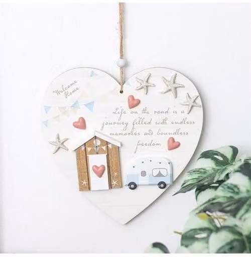 KDMD Life on the Road Shell Caravan Hanging Heart Pendant in White Wood