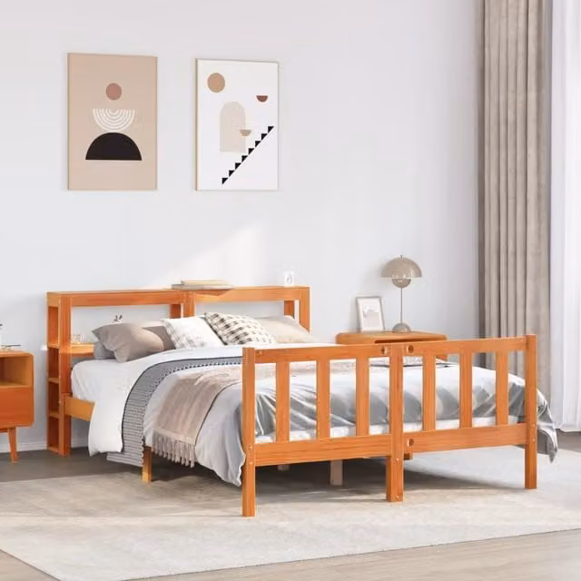 Berkfield Home Small Double Bed Frame with Headboard in Wax Brown Solid Pine Wood, W/D/H: 120 x 190 cm