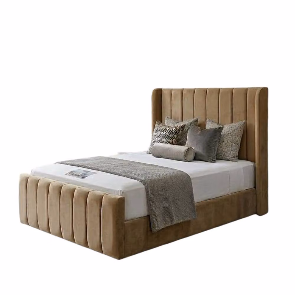Stratus Interiors Oulton Luxury Wingback Paneled Bed Frame with Gas Lift Ottoman Storage in Light Brown Velvet, Double Size (W/D/H: 140 x 200 x 145 cm) – 2