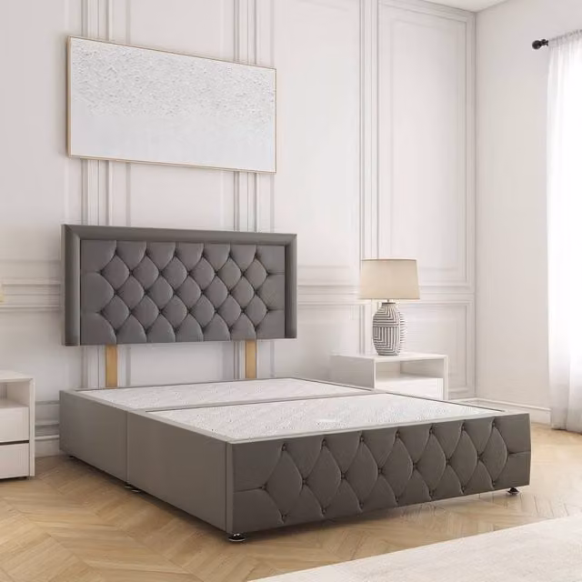 BSSPOKE Lena Super King Plush Velvet Divan Bed with 24 inch Headboard in Grey
