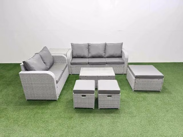 Fimous 8 Seater Grey PE Rattan Wicker Garden Furniture Set with 3 Seater Sofa, Love Seat, Rectangular Coffee Table and 3 Stools