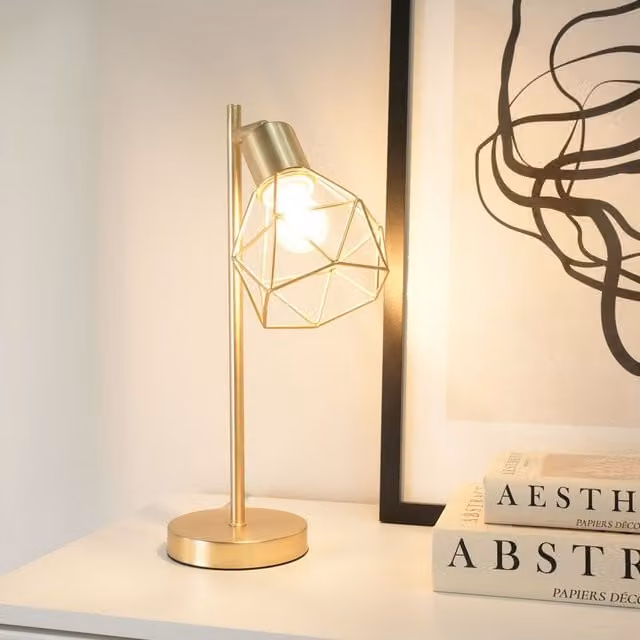 ValueLights Angus Adjustable Metal Geometric Basket Shade Table Lamp in Gold/Brass
