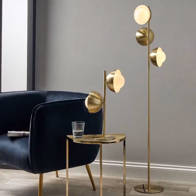 Ruma Art Deco Gold and White Orb Dome Floor Lamp with 3 Brass Metal and Glass Bulbs – 1
