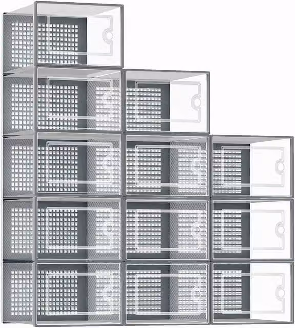 PAWNORA Stackable Clear and Grey Plastic Shoe Storage Box Rack, 12 Pack – 1