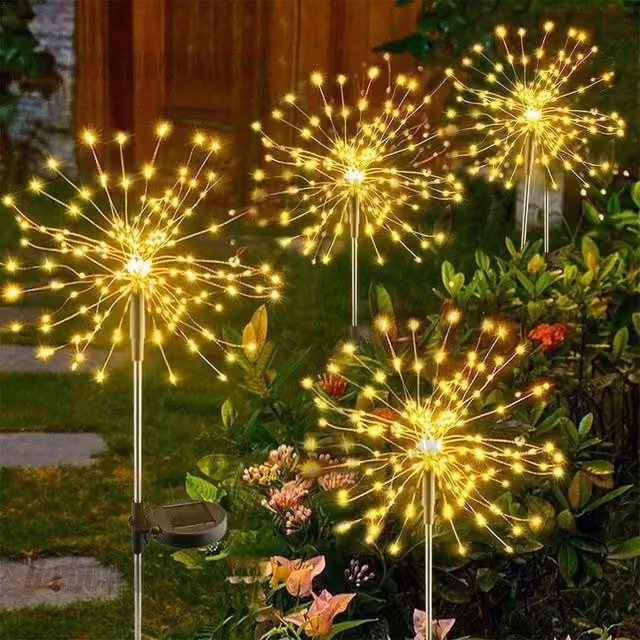 SPETLEK Set of 4 Solar Powered Warm White LED Starburst Firework Stake Lights for Garden Decoration