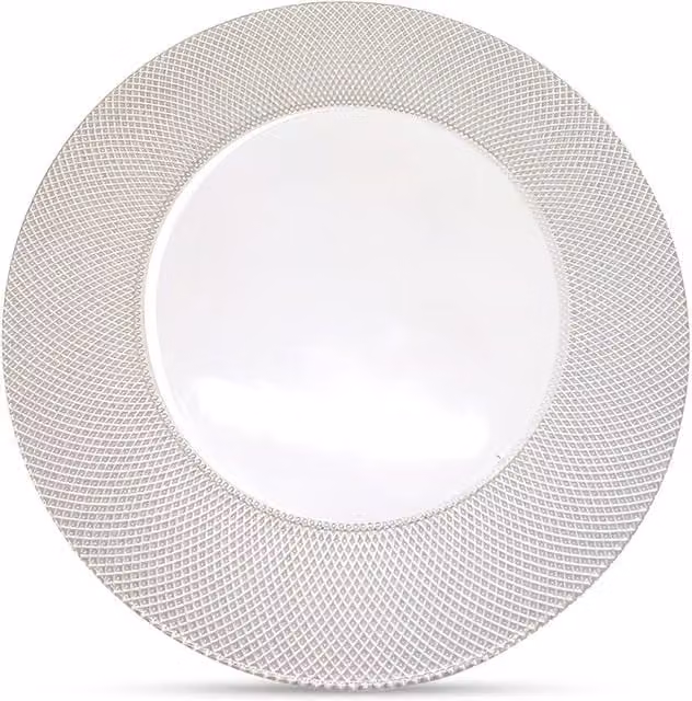 Neel Blue Set of 6 Checkered Design Glass Charger Plates in Blue and Metallic Silver, Diameter: 33 cm – 1