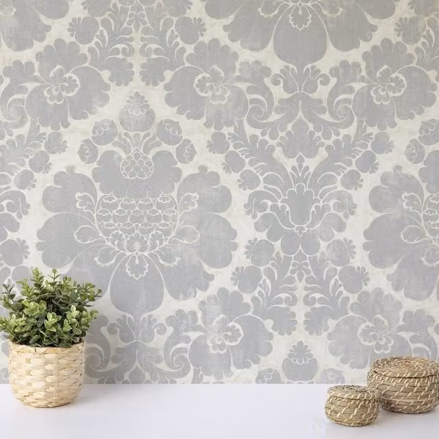 Wallquest Classic Floral Abstract Damask Wallpaper in Grey, White, Gold and Silver