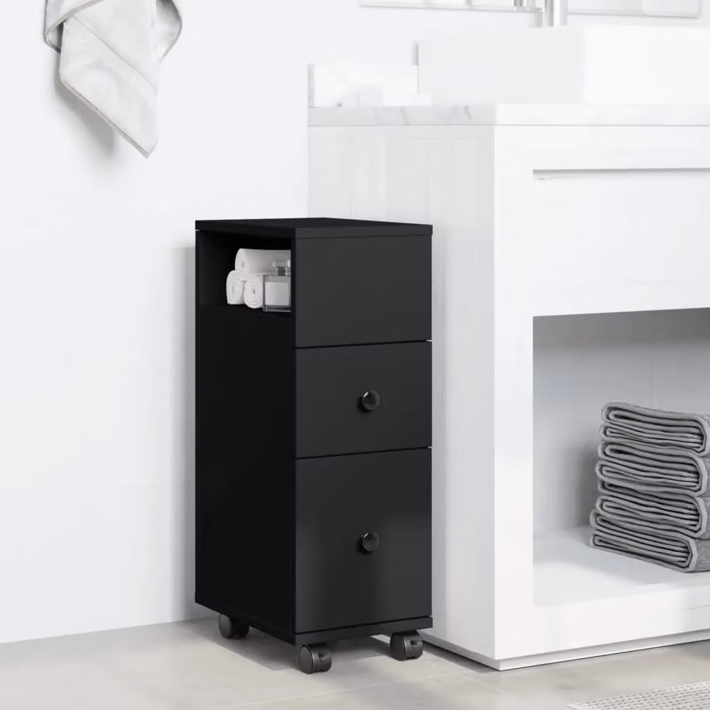 Berkfield Home Narrow Black Matt Freestanding Bathroom Cabinet with Wheels and Internal Drawers – 3