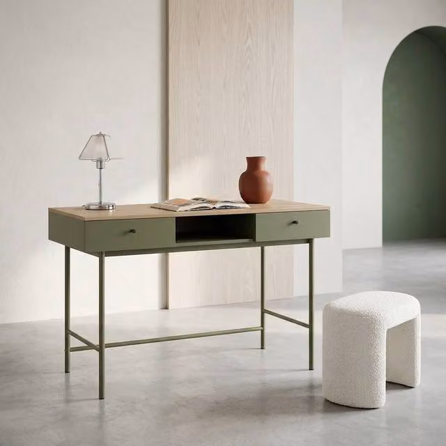 sweeek Modern Writing Desk with 2 Drawers and 1 Compartment in Khaki Wood and Iron – 1