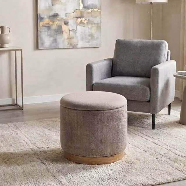 Garden Greatness Cylindrical Fabric Storage Ottoman Pouffe with Reversible Tray in Brown, Beige and Multicolour