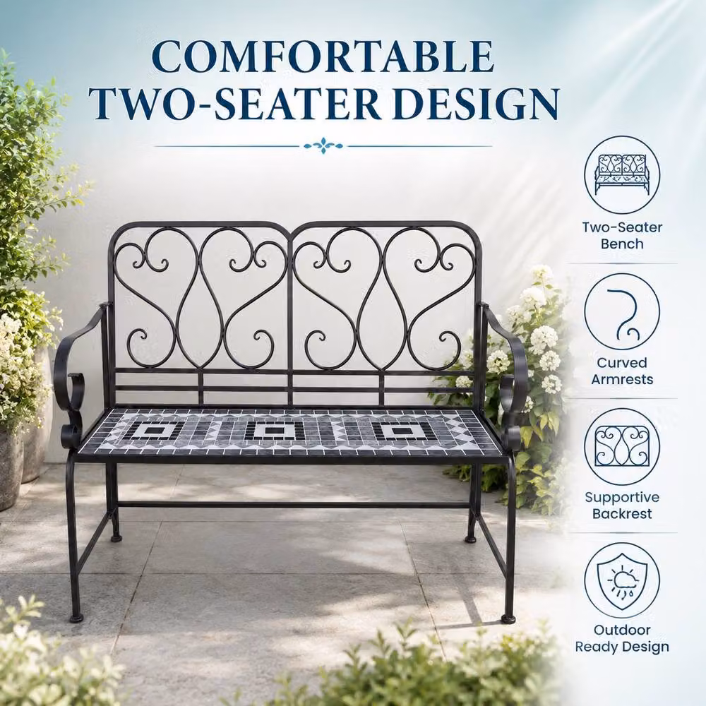 Shatchi Medina Mosaic 2 Seater Garden Bench in Multicolour Metal and Ceramic Tile, W: 112 cm, H: 96 cm, D: 47 cm – 6