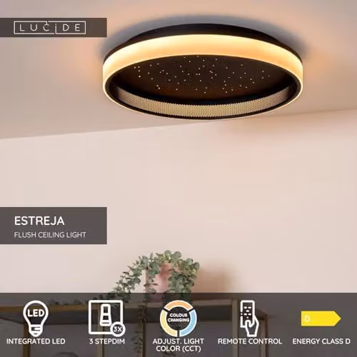 Lucide Estreja Dimmable LED Flush Ceiling Light, Black, Diameter: 40 cm – 2
