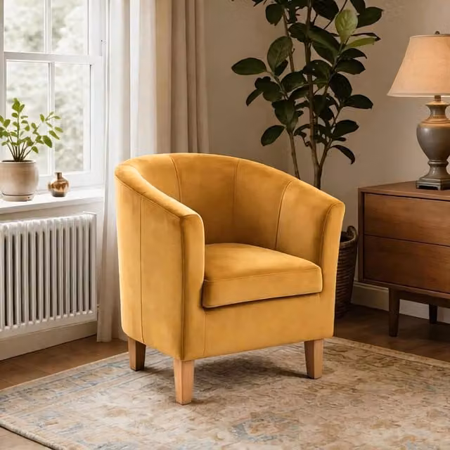 Home Source Bedford Small Padded Curved Back Tub Chair in Yellow Velvet Fabric