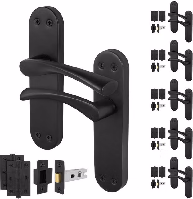 AFIT Black Matt T-Bar Handle Latch and Hinges Backplate Set, 6 Pairs, 150 x 150 mm – 1