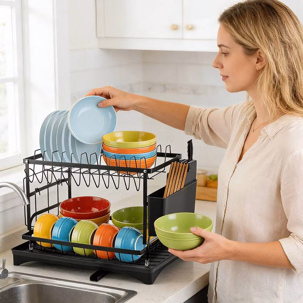 Havendro 2 Tier Kitchen Sink Dish Drying Rack with Drip Tray, Black – 3