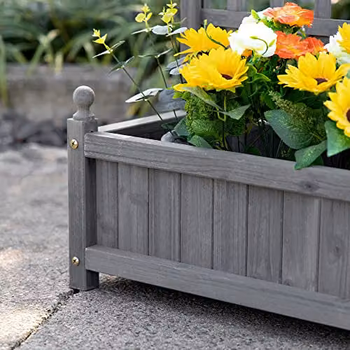 Outsunny Wooden Raised Garden Bed with Trellis, Grey, W/D/H: 64 x 28 x 120 cm – 5